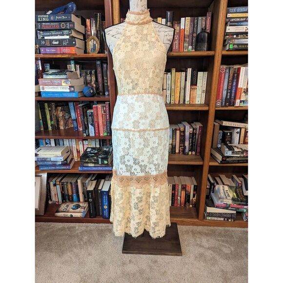 FOXIEDOX Amelia high neck tan and cream halter tricolor lace midi dress sz s nwt - Picture 1 of 7